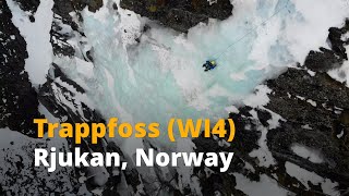 Trappfoss WI4 multipitch ice climbing in Rjukan DroneGoPro footage [upl. by Ahsatin]