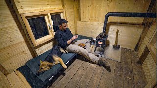 Winter Camping Under the Rain with My Dog in a Wooden Cabin [upl. by Lleumas]