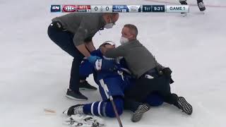 John Tavares Scary InjuryGRAPHIC Dual feed Toronto Maple leafs at Montreal Canadiens [upl. by Hutner]