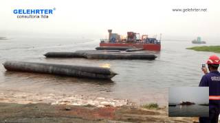 Shore Approach 600 tons Drilling Barge Launching with Airbags [upl. by Ehlke342]