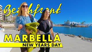 Marbella beachfront walk  New Years Day 2024  Costa del Sol Spain 4K immersive virtual tour [upl. by Schober740]