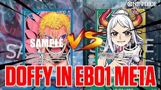 Doffy in EB01  Blue Doflamingo vs GreenYellow Yamato EB01 One Piece Card Game [upl. by Ynnahc]