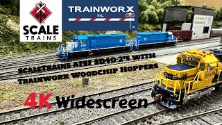 Santa Fe SD402s with Trainworx Woodchip Hoppers 4K Widescreen Full Length railway [upl. by Roybn]