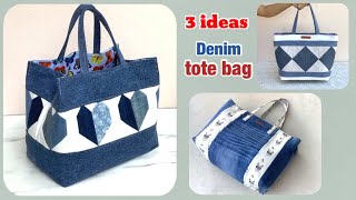 3 ideas denim tote bag from scrap old jeans sewing diy denim tote bag tutorial with zipper diy bag [upl. by Swehttam960]