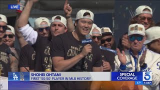 Shohei Ohtani speaks in English to Dodgers World Series rally crowd [upl. by Bael252]