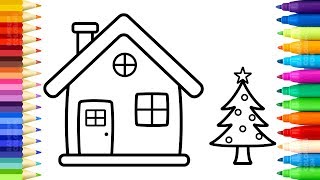 Santa House Coloring Pages  How to Draw and Paint Christmas Tree and House for Kids [upl. by Auohs]