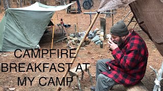 “Bushcraft” Breakfast  Campfire Cooking  Vintage Military “Half Shelter” Pup Tent  Homemade Gear [upl. by Iralam955]