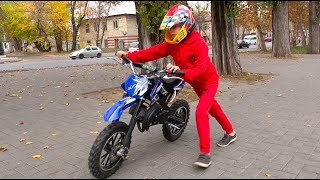 Kids Ride on Power Wheels and Pretend Play with Cross Mini Motorbike  Video for Children [upl. by Helms809]