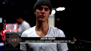 Justin Bieber Video Message  Juno Awards 2016 Fan Choice Award [upl. by Seow262]