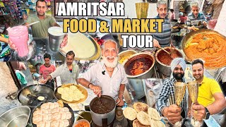 Amritsar Street Food Tour  Amritsar Old Market  Poori Cholley Bhathure Cholley Lassi [upl. by Shannan334]