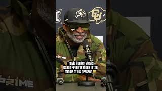 Travis Hunter steals shoes from Coach Prime mid presser 😂 colorado deionsanders travis hunter [upl. by Suoicul]