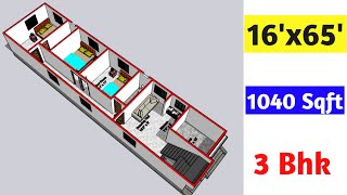 16 x 65 House Plan  16 x 65 Ghar ka Naksha  16x65 House design  1040 sqft [upl. by Elpmid]