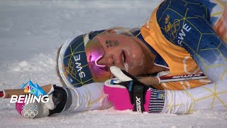 Crosscountry carnage Exhausted skiers biathletes collapse at finish line  2022 Winter Olympics [upl. by Nyla]