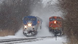 Slow BNSF Coal Train Gets Passed by Amtrak in Cloud of Snow [upl. by Anin]