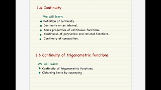 Calculus 1 15 Continuity and 16 Continuity of Trigonometric functions [upl. by Yenaffit226]