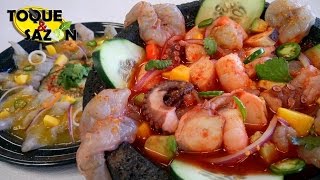 Molcajete de Mariscos  Aguachile Rojo Toque y Sazón [upl. by Ordnaxela]