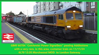 66704 quotColchester Power Signalboxquot passing Addlestone with a short MOD container train on 111124 [upl. by Arotahs386]