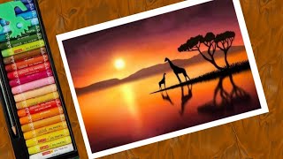 How to draw sunset scenery with oil pastel  step by step [upl. by Lashonde]