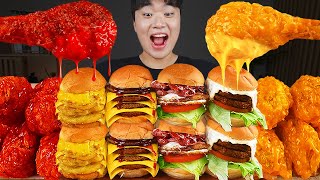 ASMR MUKBANG 직접 만든 치즈 햄버거 치즈스틱 불닭볶음면 치킨먹방 amp 레시피 FIRE NOODLES AND CHEESE BURGER EATING SOUND [upl. by Pernas]