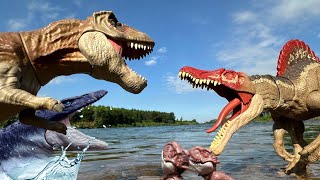 SPINOSAURUS VS TREX VS MOSASAURUS Jurassic World Movie for Families  Dinosaurs Battle [upl. by Adnofal]