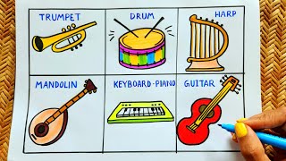 Musical Instruments Drawing  Easy drawing ideas for Drum Guitar  World Music Day drawing easy [upl. by Nea]