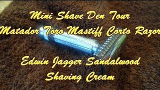 Mini Shave Den Tour Matador Toro Mastiff Razor EJ Sandalwood Shaving Cream [upl. by Mmada609]