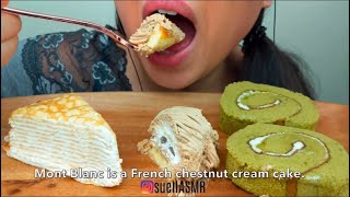 SUELL ASMR BITES ONLY CREPE CAKE MATCHA CAKE ROLLS CREAM CAKE ASMR [upl. by Enilraep]