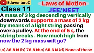 A mass of 3 kg descending vertically downwards supports a mass of 2 kg by means of a light string pa [upl. by Panther]