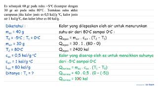 Es sebanyak 40 gr pada suhu 5 C dicampur dengan 30 gr air pada suhu 80 C Tentukan suhu akhir ca [upl. by Lanfri]