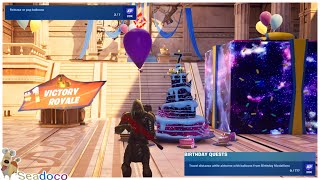 Fortnite 7th Birthday Quests  Crown Victory Royale  Pop balloons and Flying with balloons [upl. by Jago689]