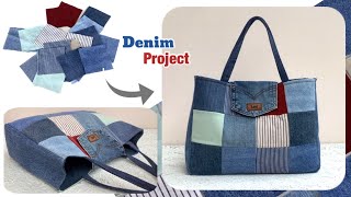 Sewing diy a denim tote bag multi pockets tutorial  tote bag patternsdiy denim patchwork tote bag [upl. by Zerelda]