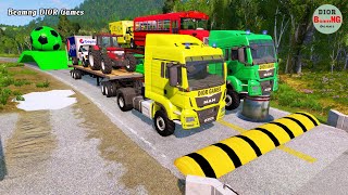 Double Flatbed Trailer Truck vs speed bumpsBusses vs speed bumpsBeamng Drive500 [upl. by Iveson]