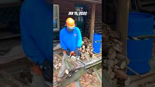 Using saw buck to buck small oak log to FIREWOOD length stihl [upl. by Mikah]