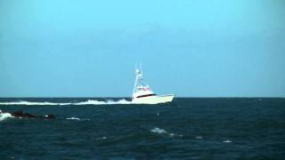 Boats 062820131  Big Sportfishing Boat Enters Rough Inlet with Jumping Spinner Sharks [upl. by Ahsiemak]