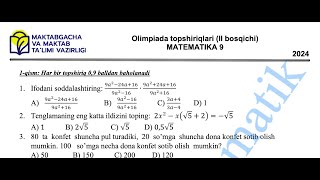 Matematika Olimpiada 2024yil 9sinf Test yechimlari 2qism [upl. by Dore]