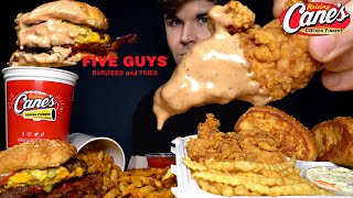 ASMR MUKBANG EXTRA CANES SAUCE FIVE GUYS DOUBLE BURGER CHICKEN amp FRIES  WITH CHEESE  Magic Mikey [upl. by Anniahs]