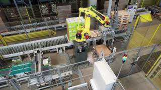 Tymbark MASPEX  palletizing mixing and depaletizing process with Fanuc robots [upl. by Perri]