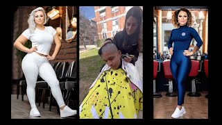 AI Barberettes Comment on Latin Lady Barber in Leggings Giving Three Guys a Headshave on the street [upl. by Kally]