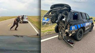 Car Crashes Into Police Car in the Middle of Empty Highway [upl. by Ellitnahc]