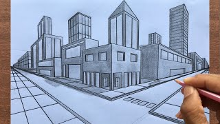 How to Draw using Two Point Perspective Draw a Town Stepbystep [upl. by Kciderf570]