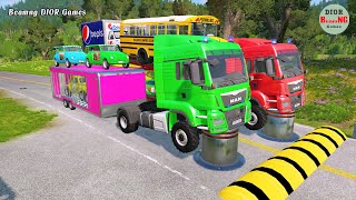 Double Flatbed Trailer Truck vs speed bumpsBusses vs speed bumpsBeamng Drive975 [upl. by Dyun]