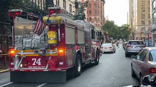 FDNY ENGINE 74 RESPONDING FROM TEMPORARY QUARTERS ON WEST 77TH STREET ON WEST SIDE OF MANHATTAN NYC [upl. by Yort]