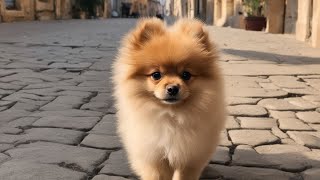 A Pomeranian puppy walks through the old town to the sea [upl. by Yelruc]