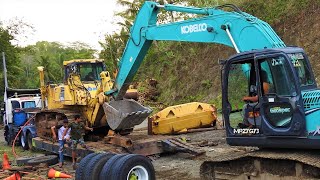 Komatsu D155A Bulldozer Transport Preparation With Excavator And Lowbed Truck [upl. by Lisabet]