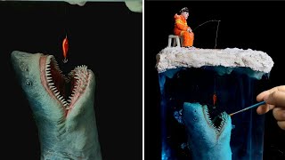 Shark Threaten Fisherman Ice Fishing Diorama Epoxy Resin  Polymer Clay [upl. by Ydnyl]