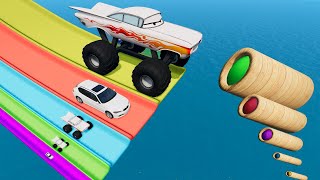 Big amp Small Monster Trucks Jumping Through Giant Portal amp Slide Color Jumps and Crashes  BeamNG 34 [upl. by Ocramed903]