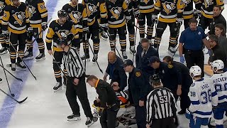 Referee Steve Kozari Stretchered Off Ice After A Scary Collision With Hayden Fleury [upl. by Calesta765]