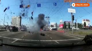 Ukraine Dashcam video captures missile falling in Kyiv traffic [upl. by Chicky952]