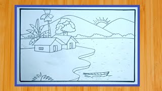 Easy pencil scenery drawing for beginners  how to draw simple village scenery with pencil [upl. by Herahab]