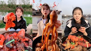 The female fishermen eat lobster king crab sea urchin conch octopus and squidyummy eatingshow [upl. by Sorilda]